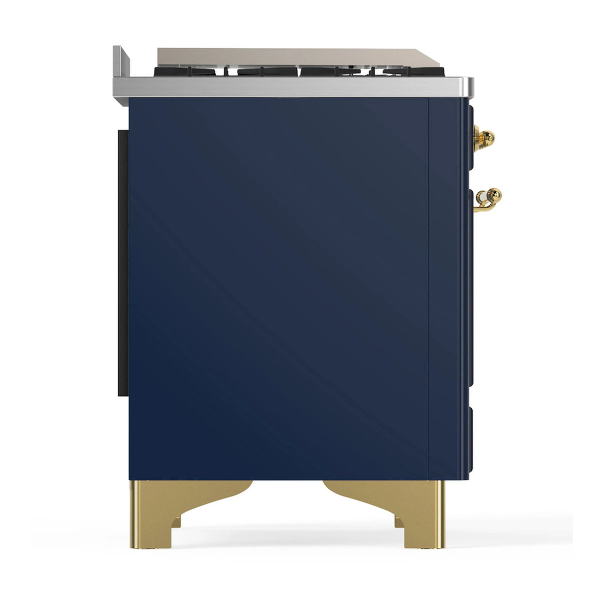 Blue grey dual fuel range back panel, brass feet, rear side view