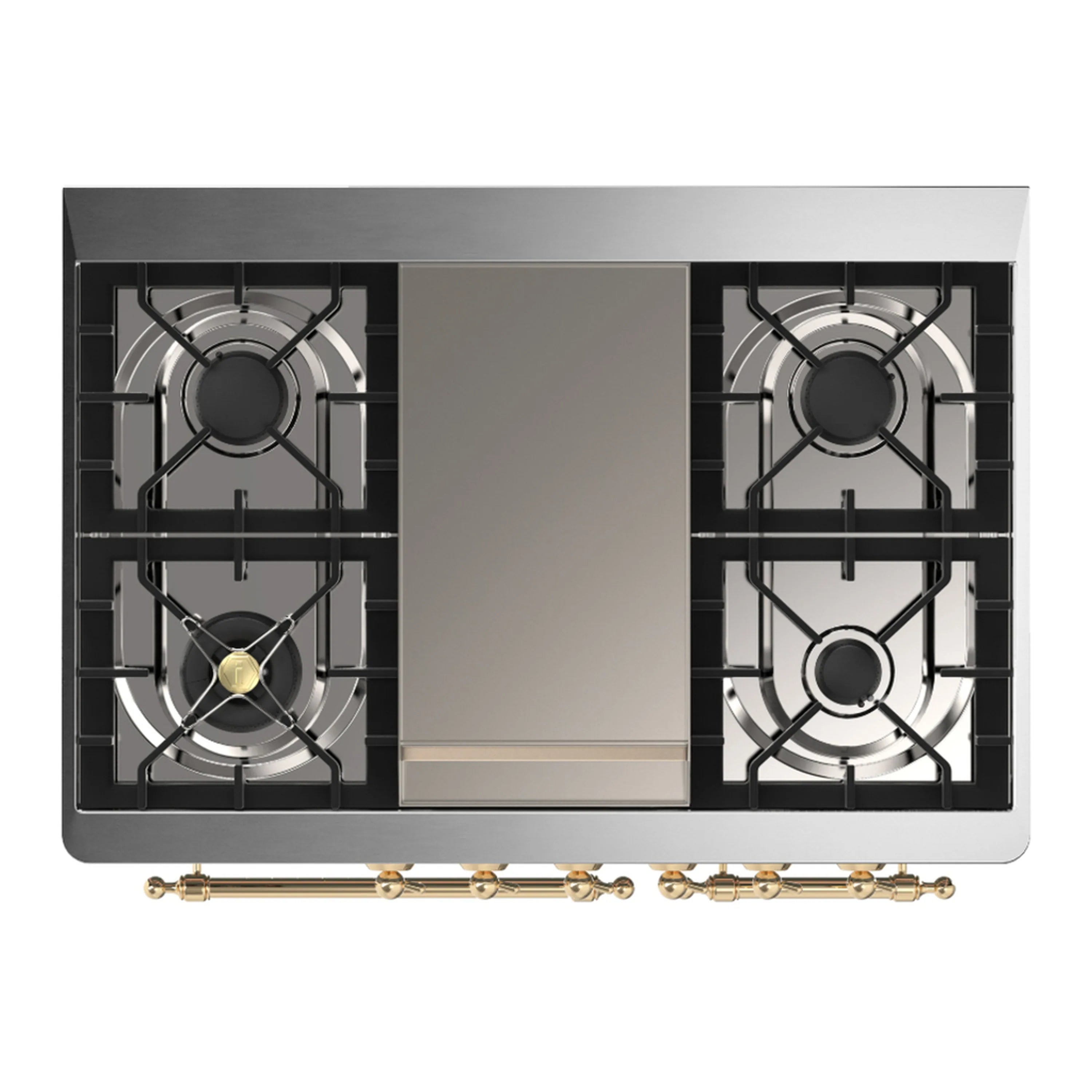 Dual fuel range cooktop with four burners, dark grates, stainless backguard, top view