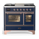 ILVE Majestic III 40-inch Dual Fuel Range with 5 Liquid Propane Burner, Griddle and Triple Glass Door Electric Oven in Midnight Blue with Copper Trim (UMD40FNR3MBPLP)
