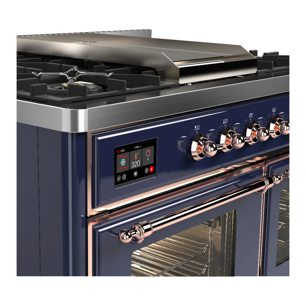 Midnight blue dual fuel range control panel with copper knobs and display; oven door below