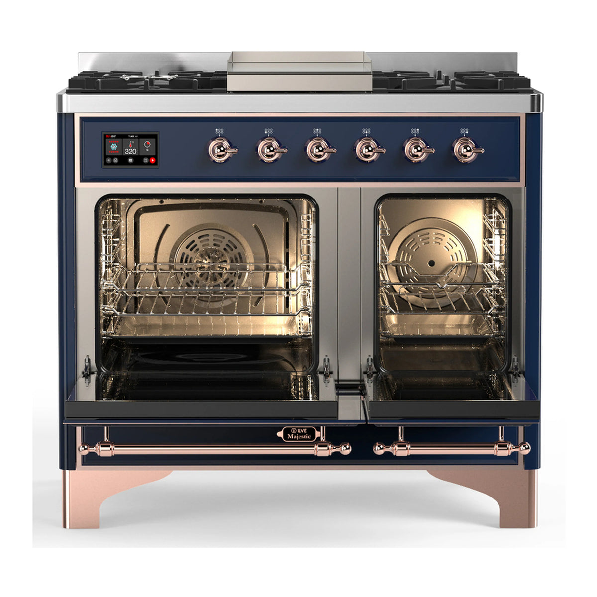 Midnight blue dual fuel range with copper trim; two open oven doors and racks visible