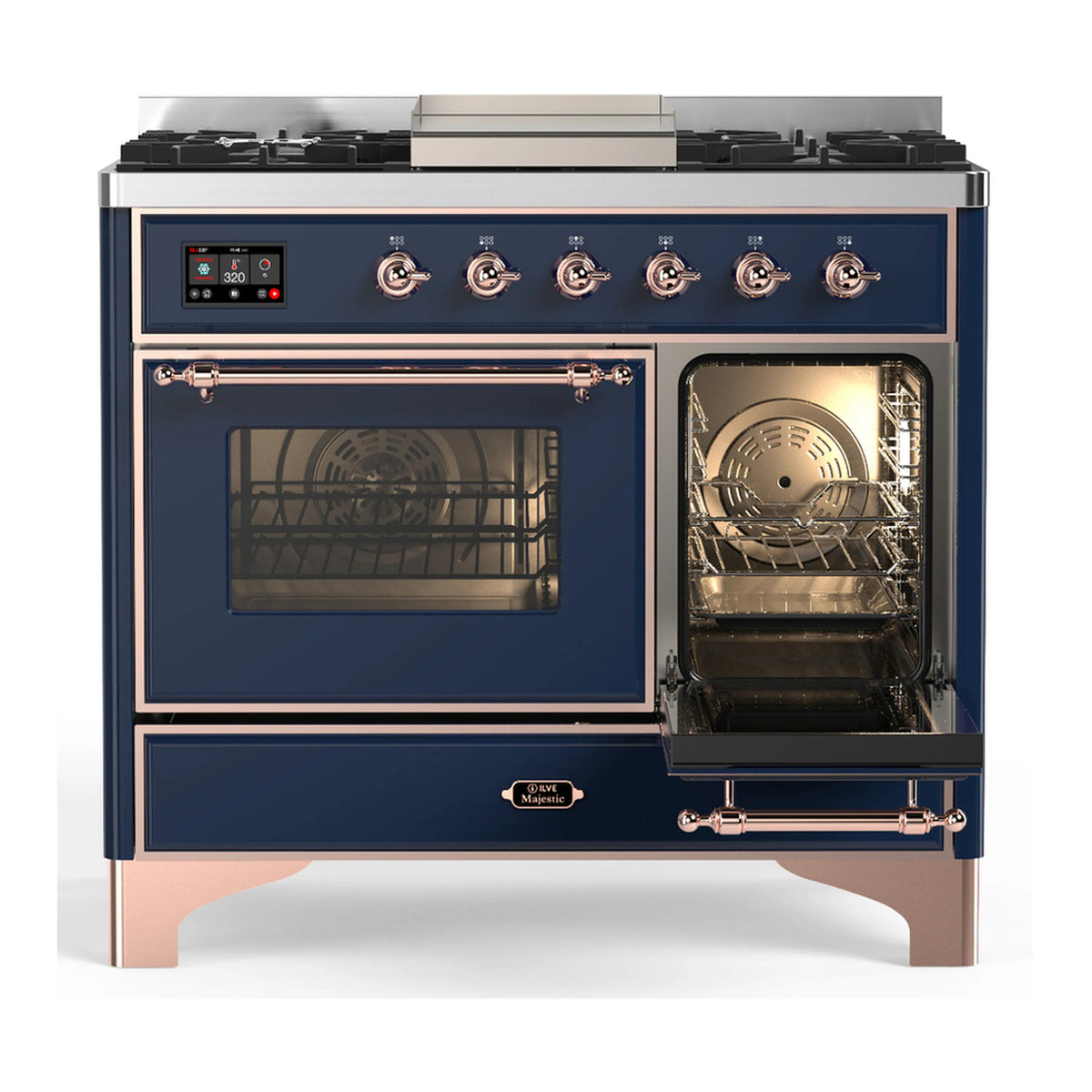 Midnight blue dual fuel range with copper trim; left oven window and right open door