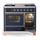 ILVE Majestic III 40-inch Dual Fuel Range with 5 Liquid Propane Burner, Griddle and Triple Glass Door Electric Oven in Midnight Blue with Copper Trim (UMD40FNR3MBPLP)