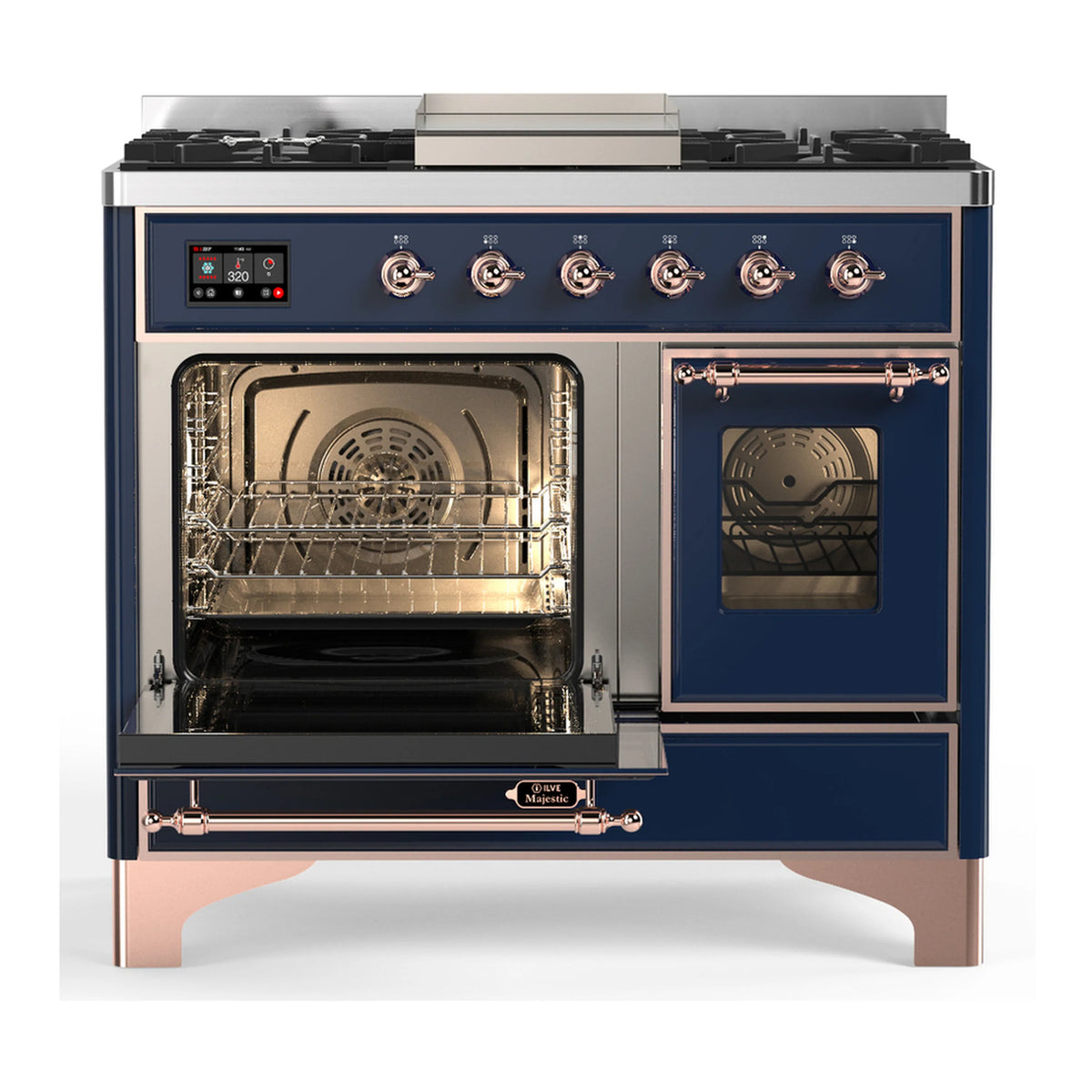 Midnight blue dual fuel range with copper trim; both ovens closed, right door window