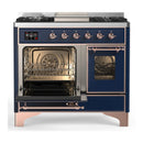 ILVE Majestic III 40-inch Dual Fuel Range with 5 Liquid Propane Burner, Griddle and Triple Glass Door Electric Oven in Midnight Blue with Copper Trim (UMD40FNR3MBPLP)