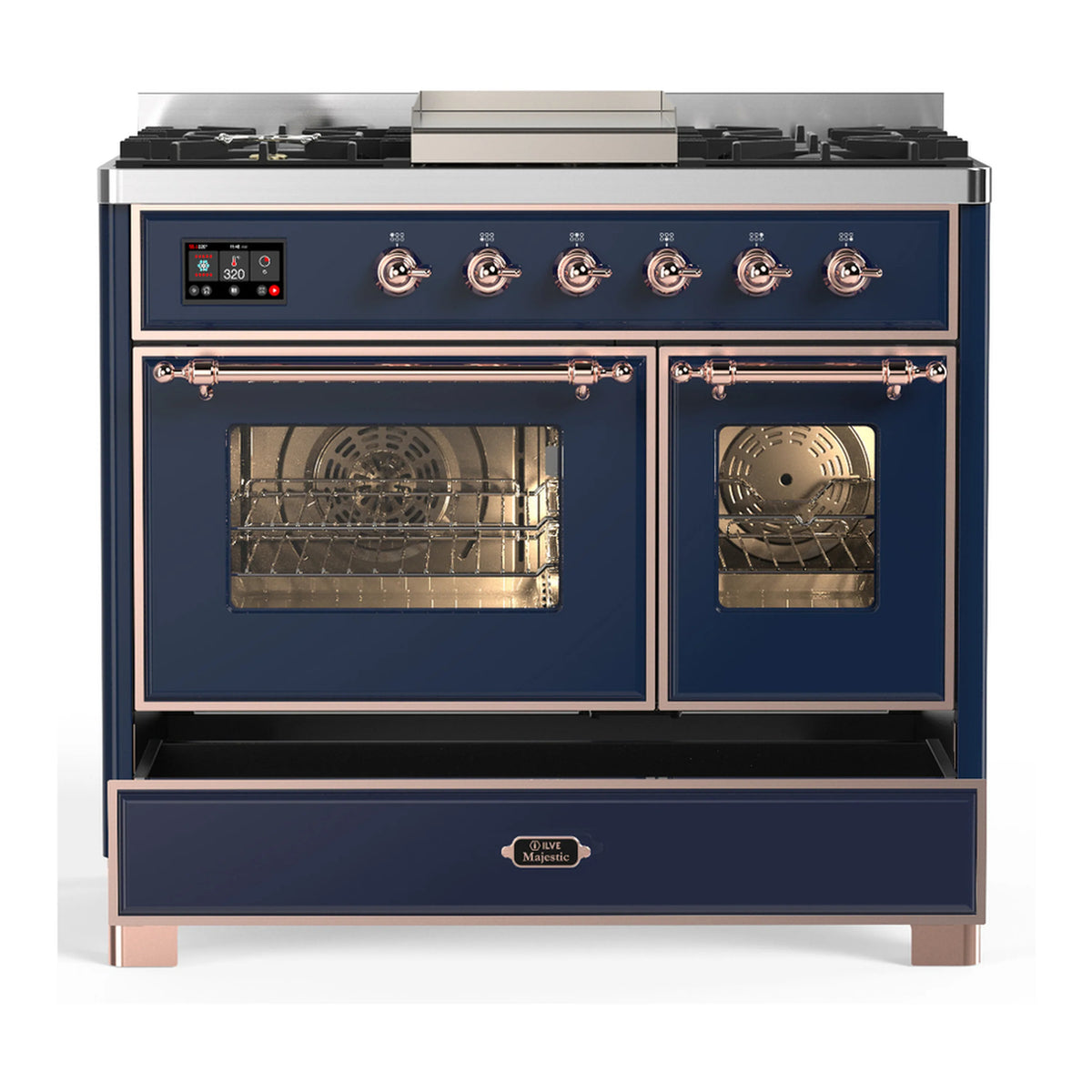 Midnight blue dual fuel range with copper trim; both ovens open, interior racks visible
