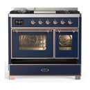 ILVE Majestic III 40-inch Dual Fuel Range with 5 Liquid Propane Burner, Griddle and Triple Glass Door Electric Oven in Midnight Blue with Copper Trim (UMD40FNR3MBPLP)