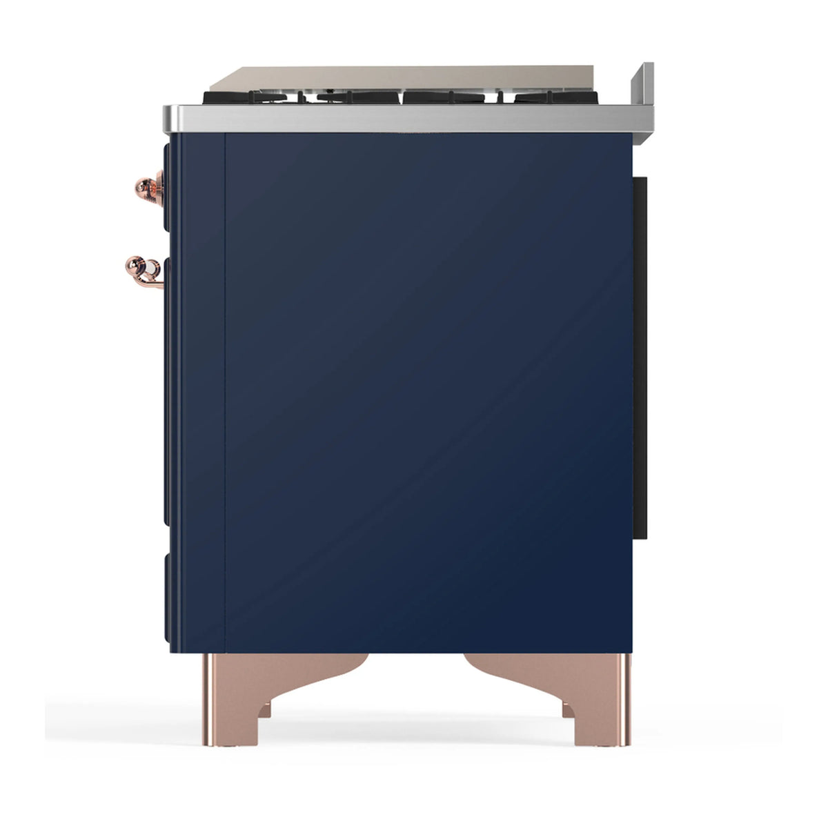 Midnight blue dual fuel range cabinet side panel with copper-finished side handles