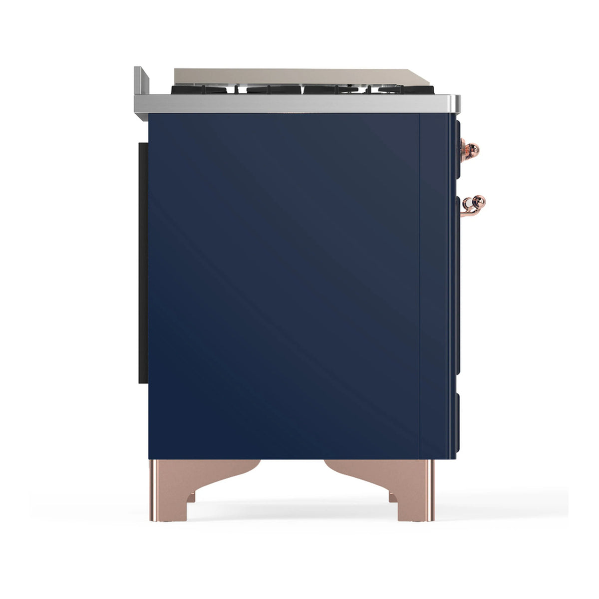 Midnight blue dual fuel range rear-side panel with copper-finished side handles
