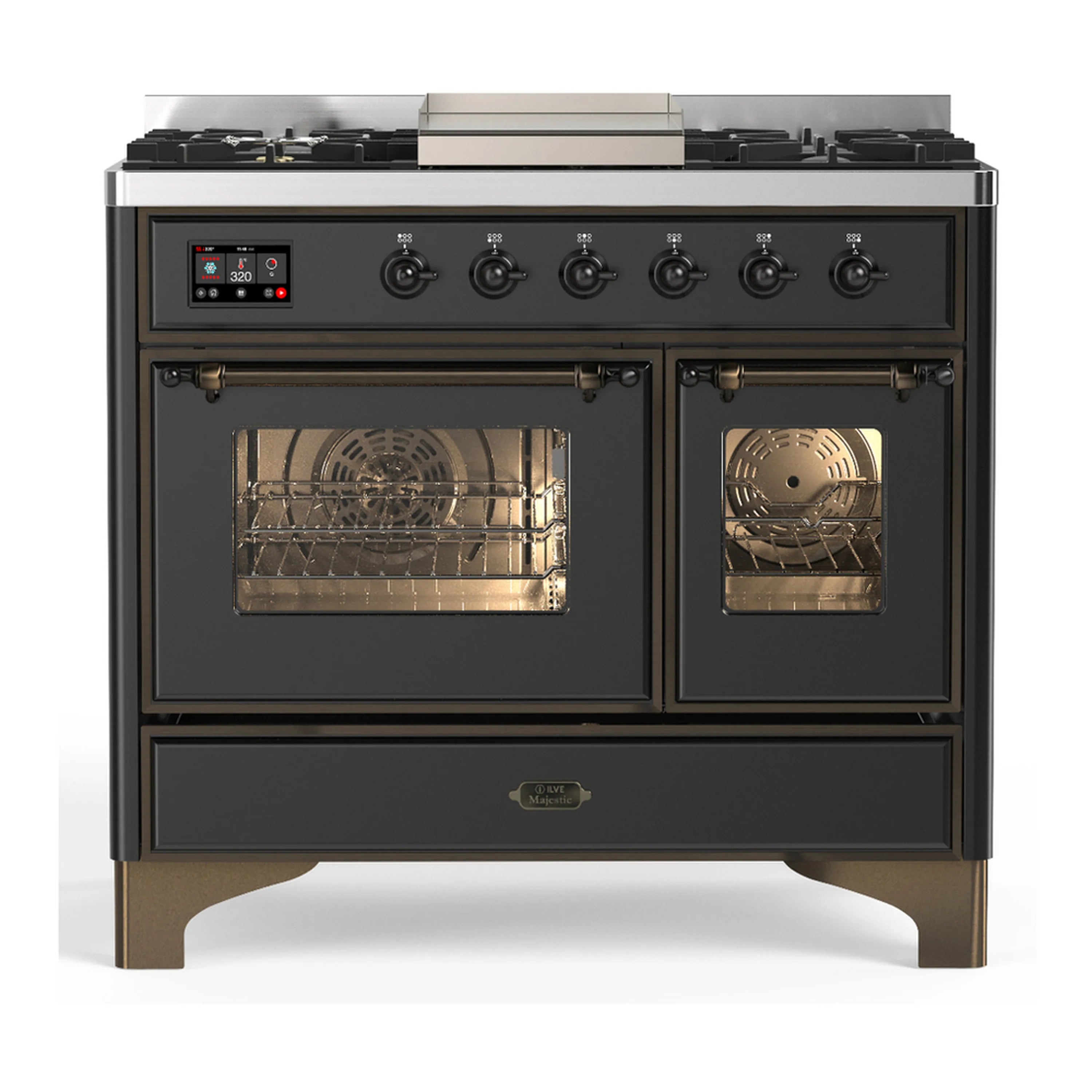 Dual fuel range with graphite matte body and two open electric oven doors
