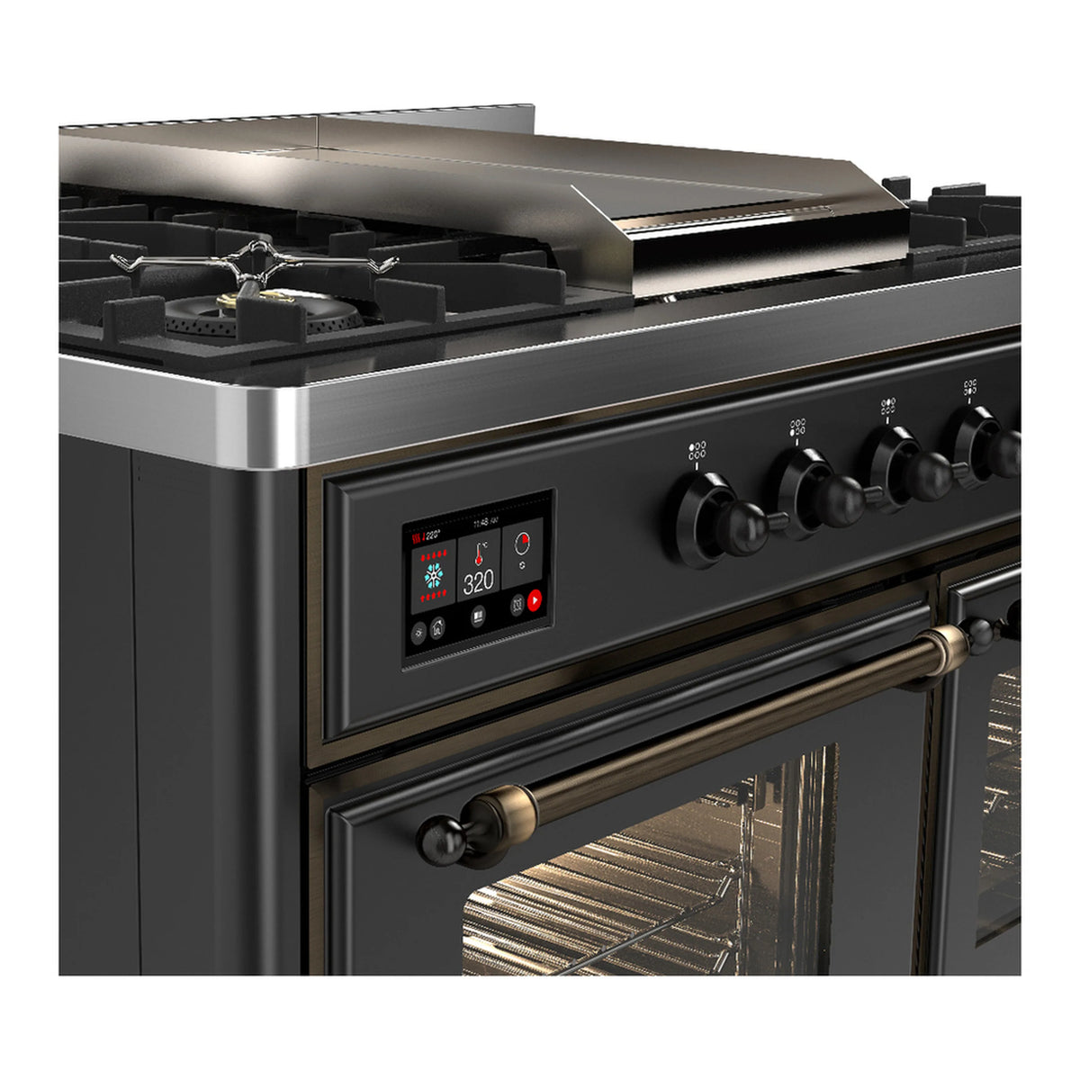 Graphite dual fuel range control panel with burner knobs and digital display