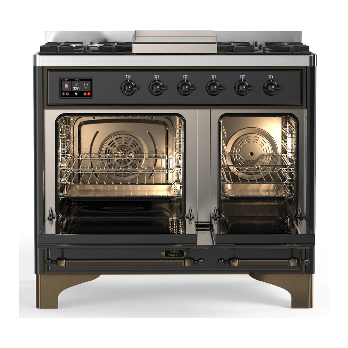 Dual fuel range with graphite matte frame and lit oven interiors behind doors