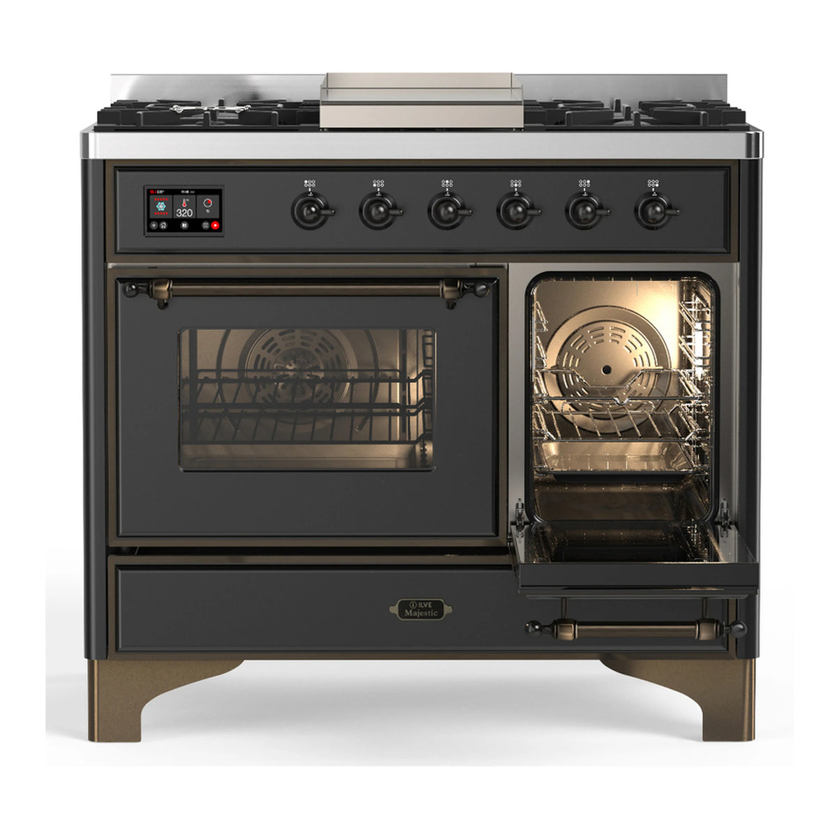 Dual fuel range with graphite matte oven doors, one windowed and one open