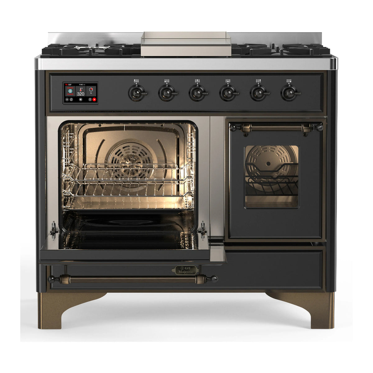 Dual fuel range with graphite matte open oven and second oven door with glass window
