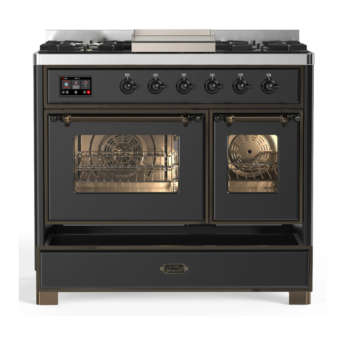 Dual fuel range with graphite matte front, two oven doors, and lower drawer closed