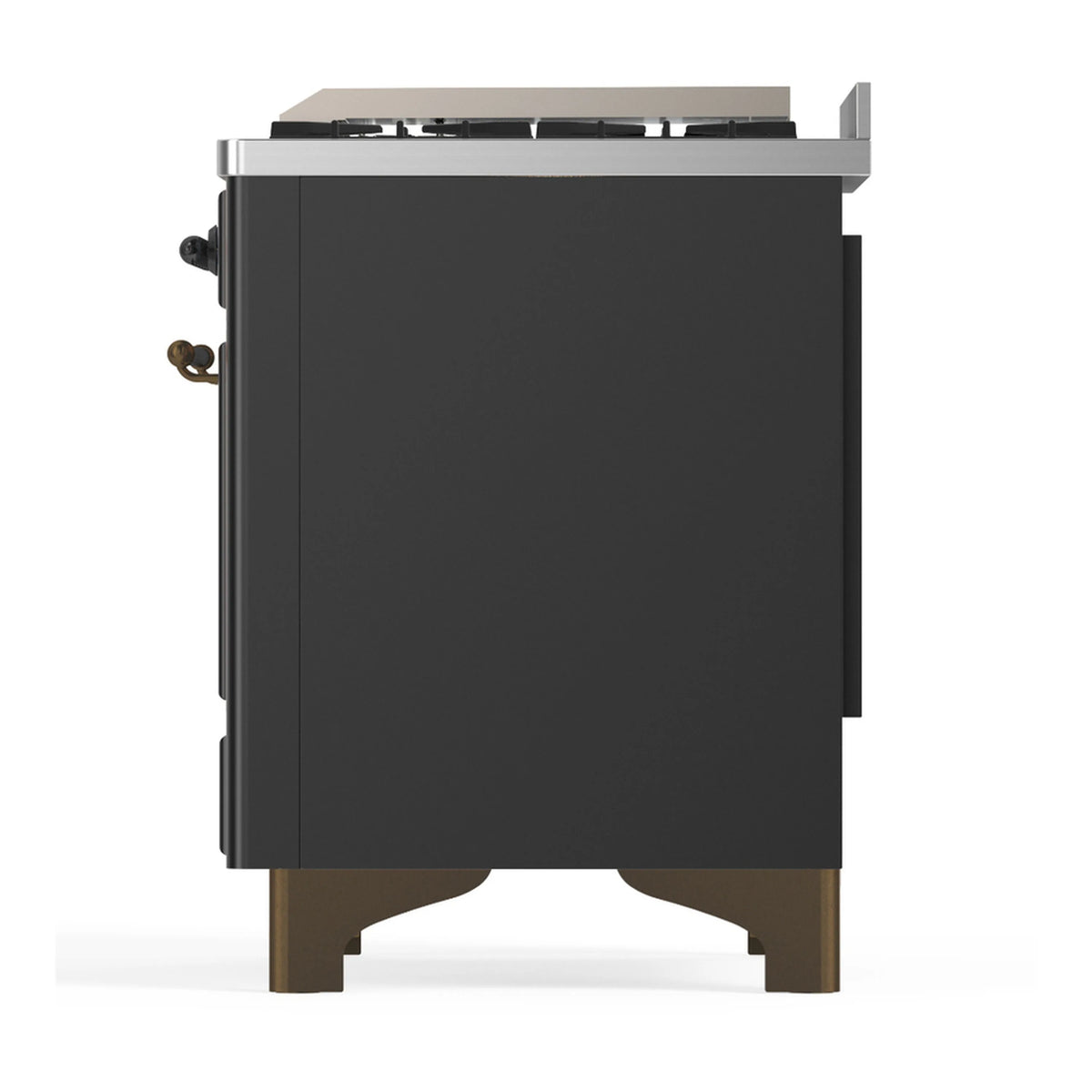 Dual fuel range side panel with graphite matte finish and brass-colored feet
