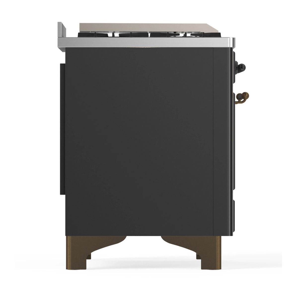 Dual fuel range rear side view with graphite matte panel and brass-colored legs