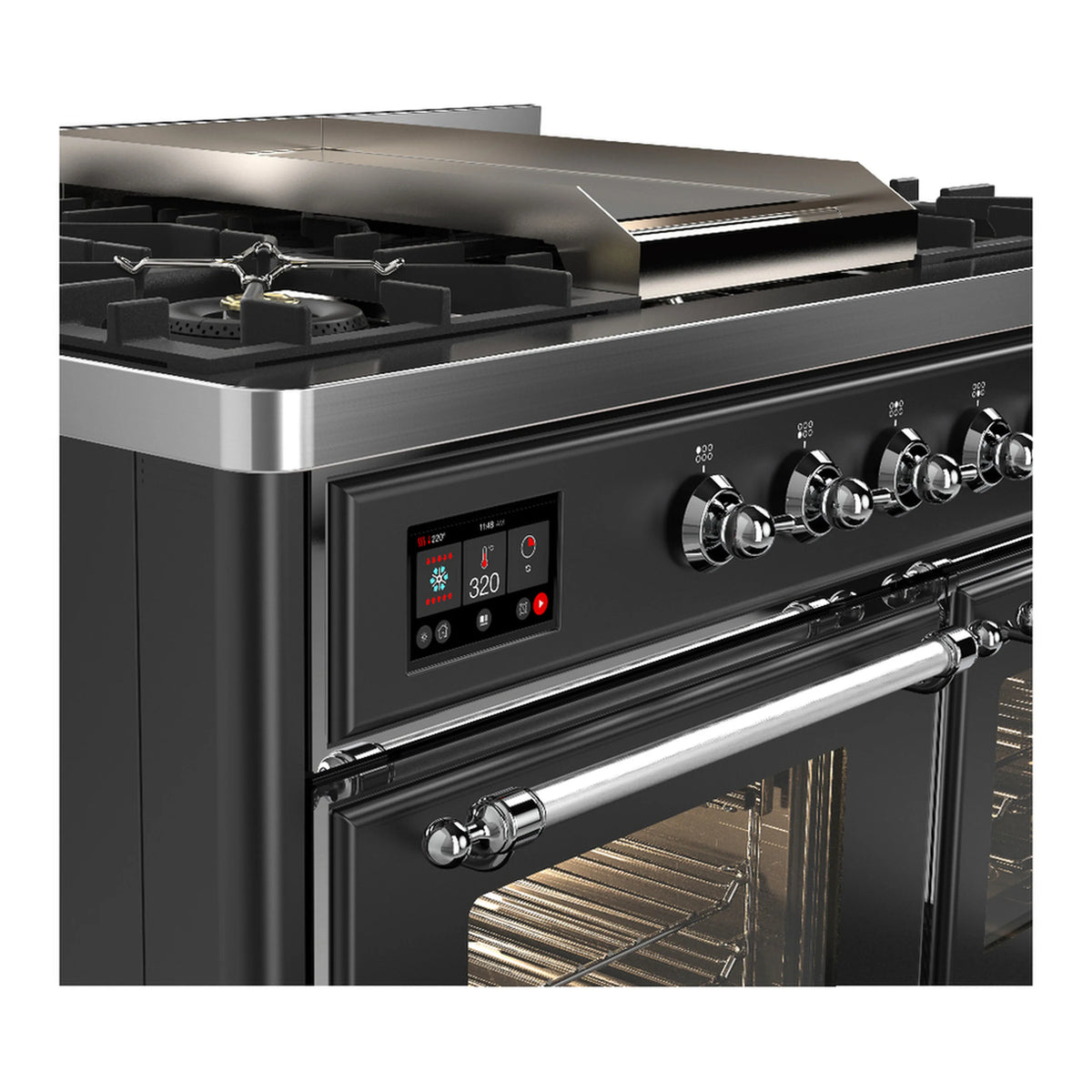 Graphite matte dual-fuel range front with six gas burners and control knobs, chrome trim