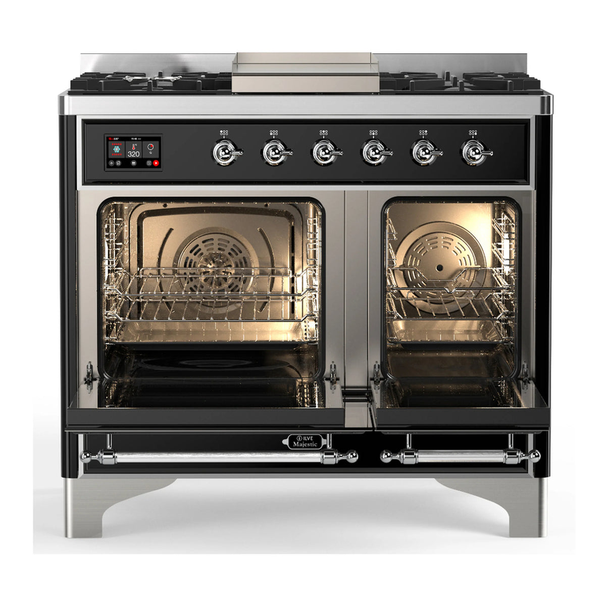 Graphite dual-fuel range with two oven doors open, visible racks and interior lights