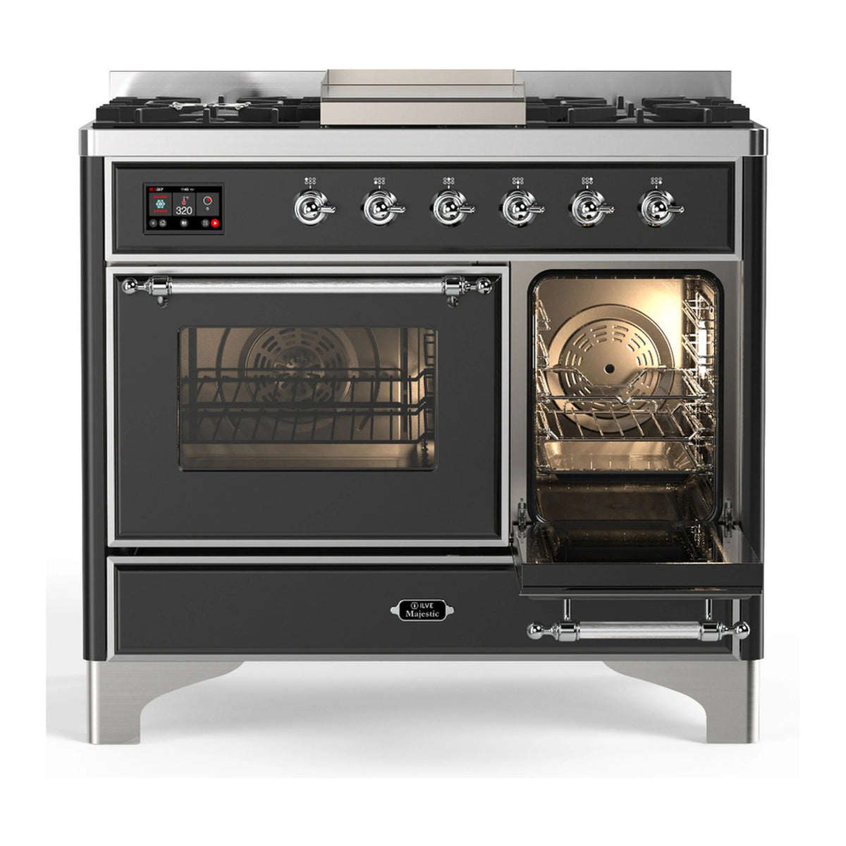 Graphite dual-fuel range with right oven door open and left door closed, racks inside