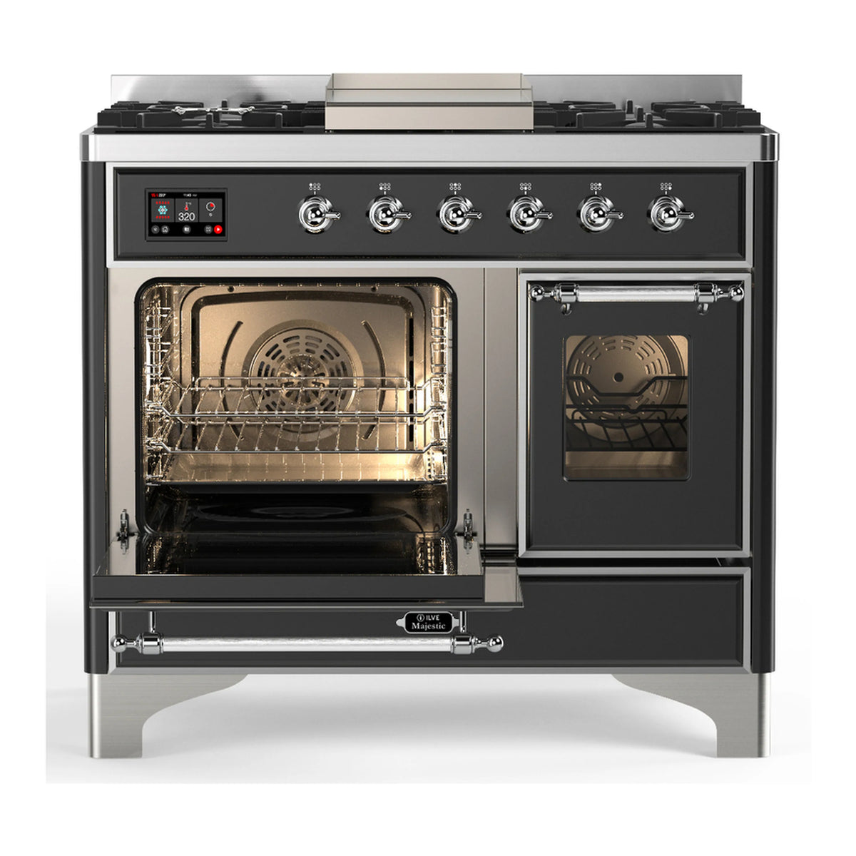Graphite dual-fuel range with closed double oven doors and control panel, chrome accents