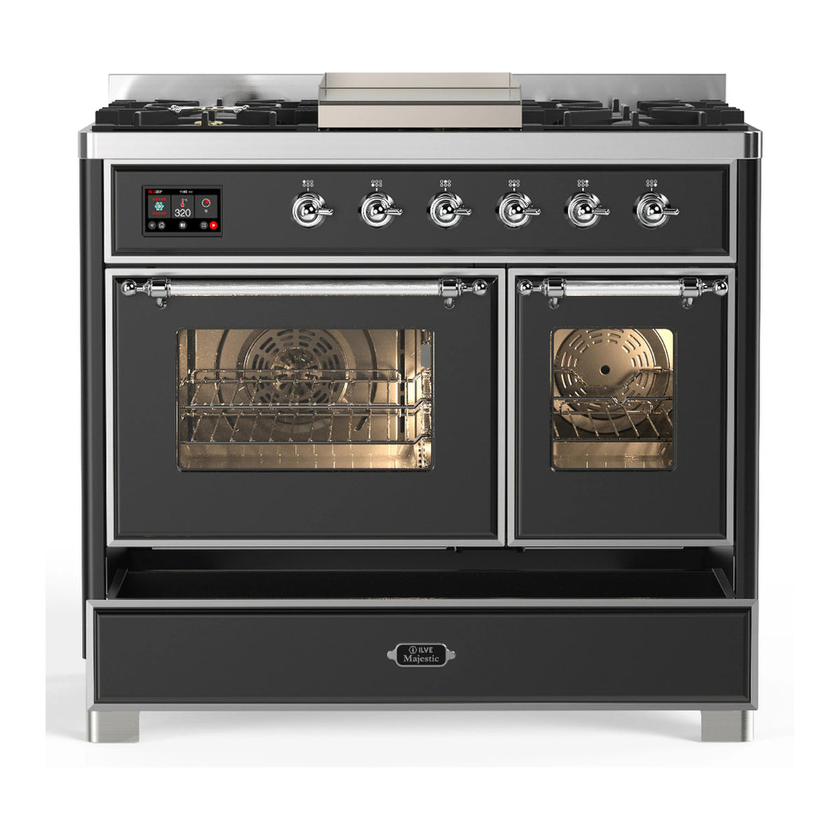 Graphite dual-fuel range with both oven windows open and storage drawer below, chrome handles