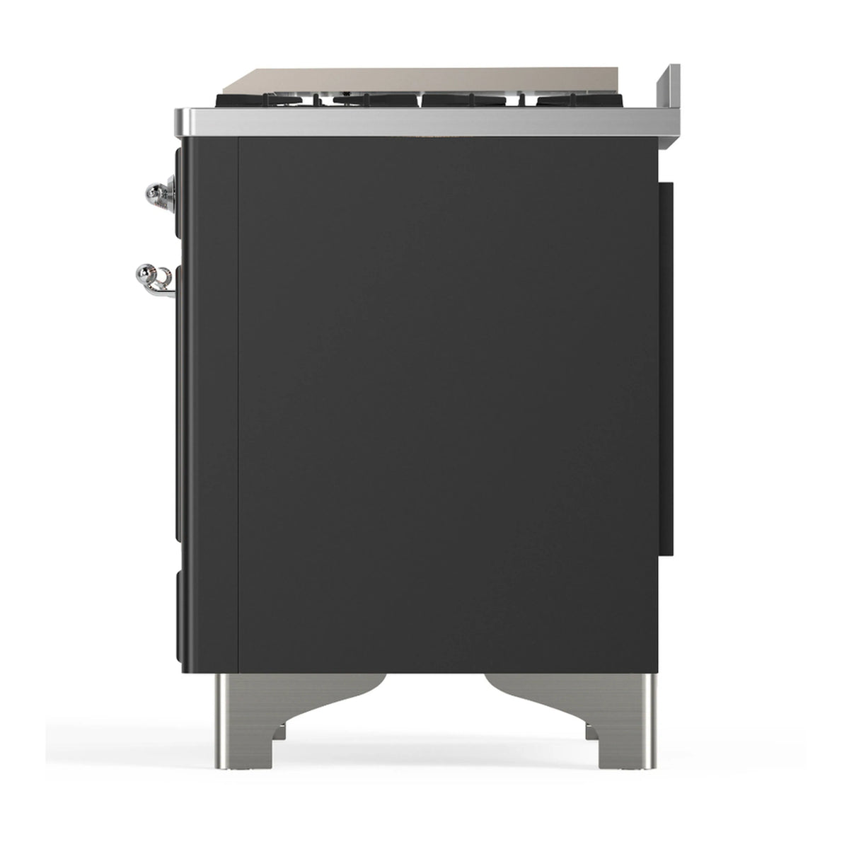 Graphite matte dual-fuel range side panel with chrome feet and handle, rear burners visible