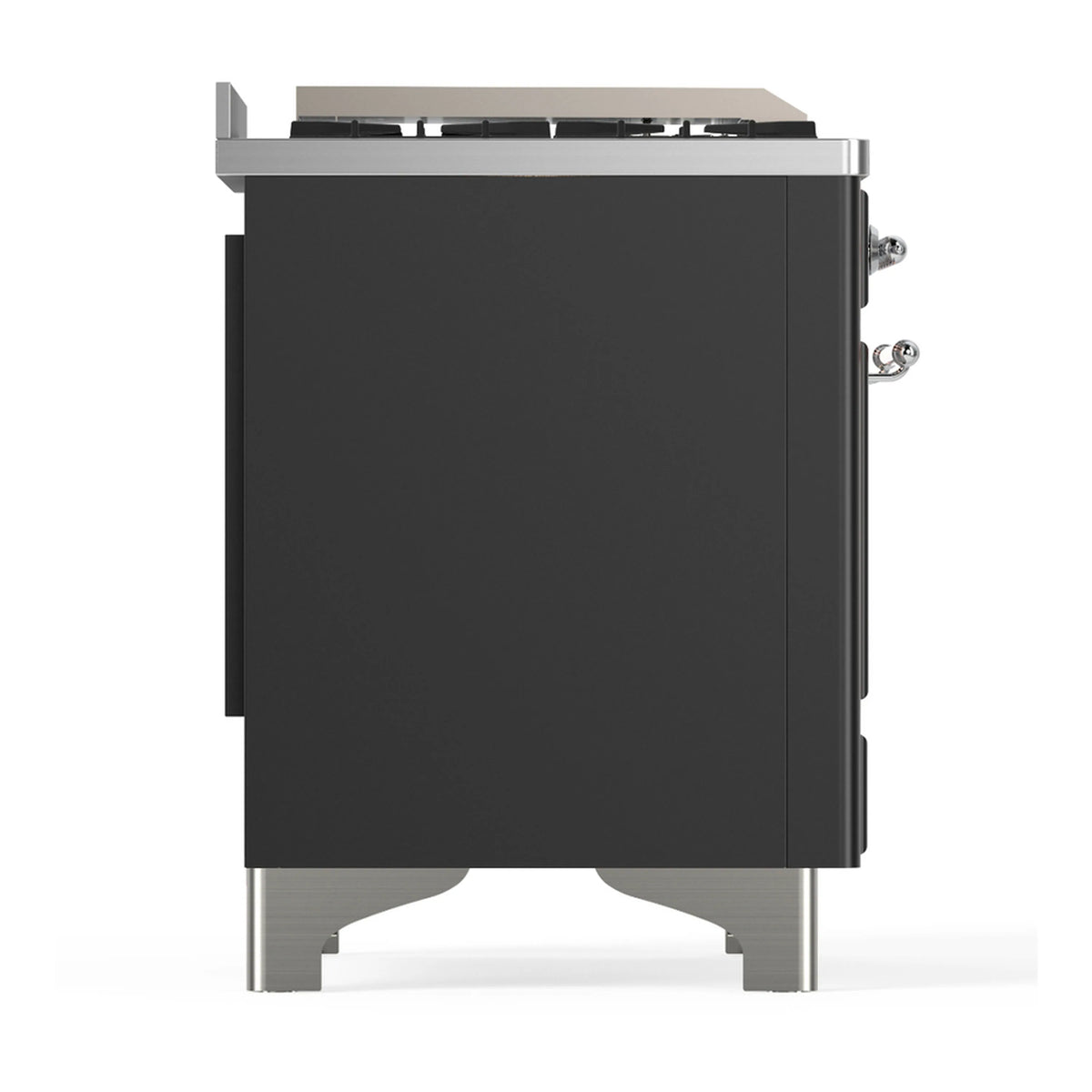 Graphite matte dual-fuel range rear corner view with chrome trim and side controls