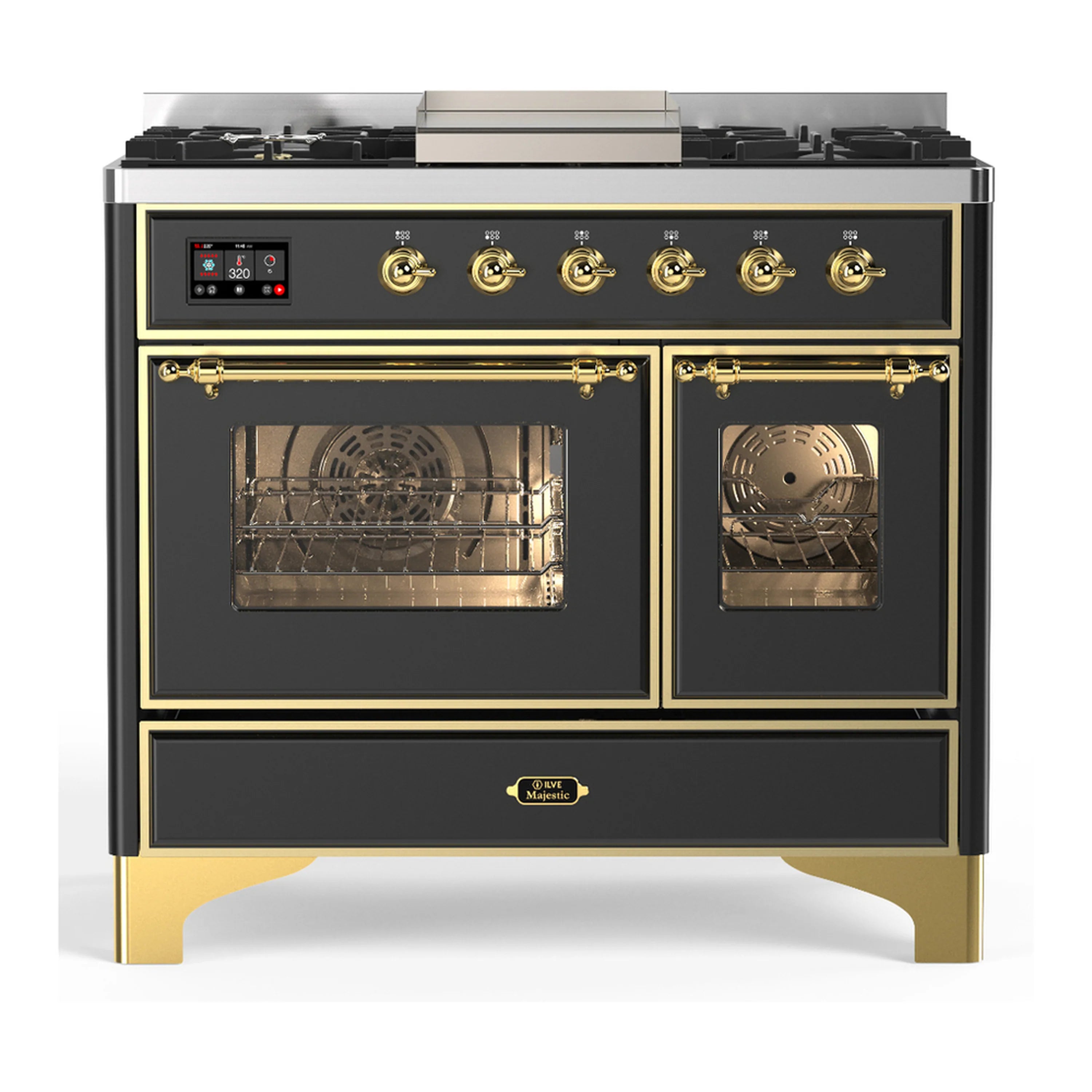 Graphite matte dual fuel range with brass-trim control panel and two glass oven doors