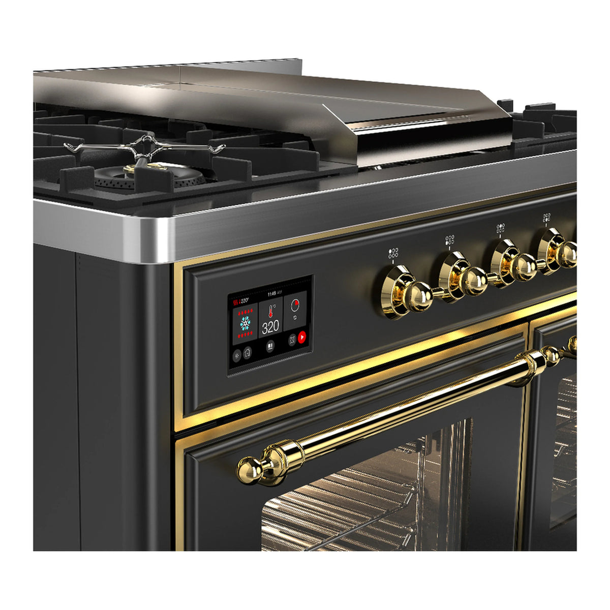 Graphite dual fuel range side view with brass knobs and illuminated oven control display