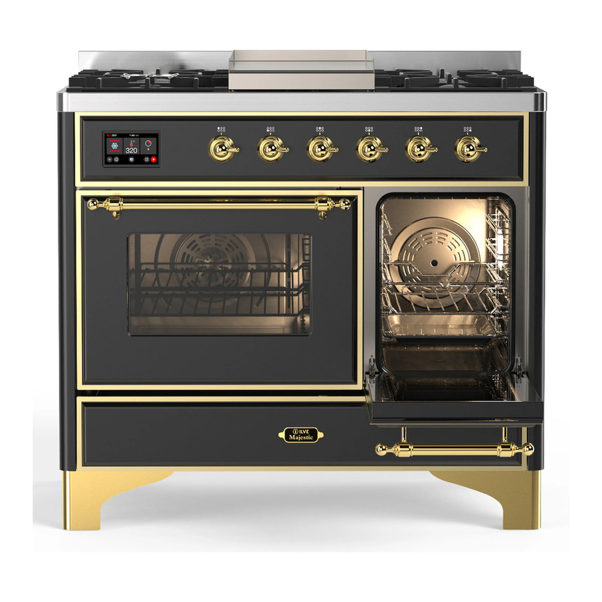 Graphite dual fuel range with two glass oven doors and brass-trim handles on lower drawer