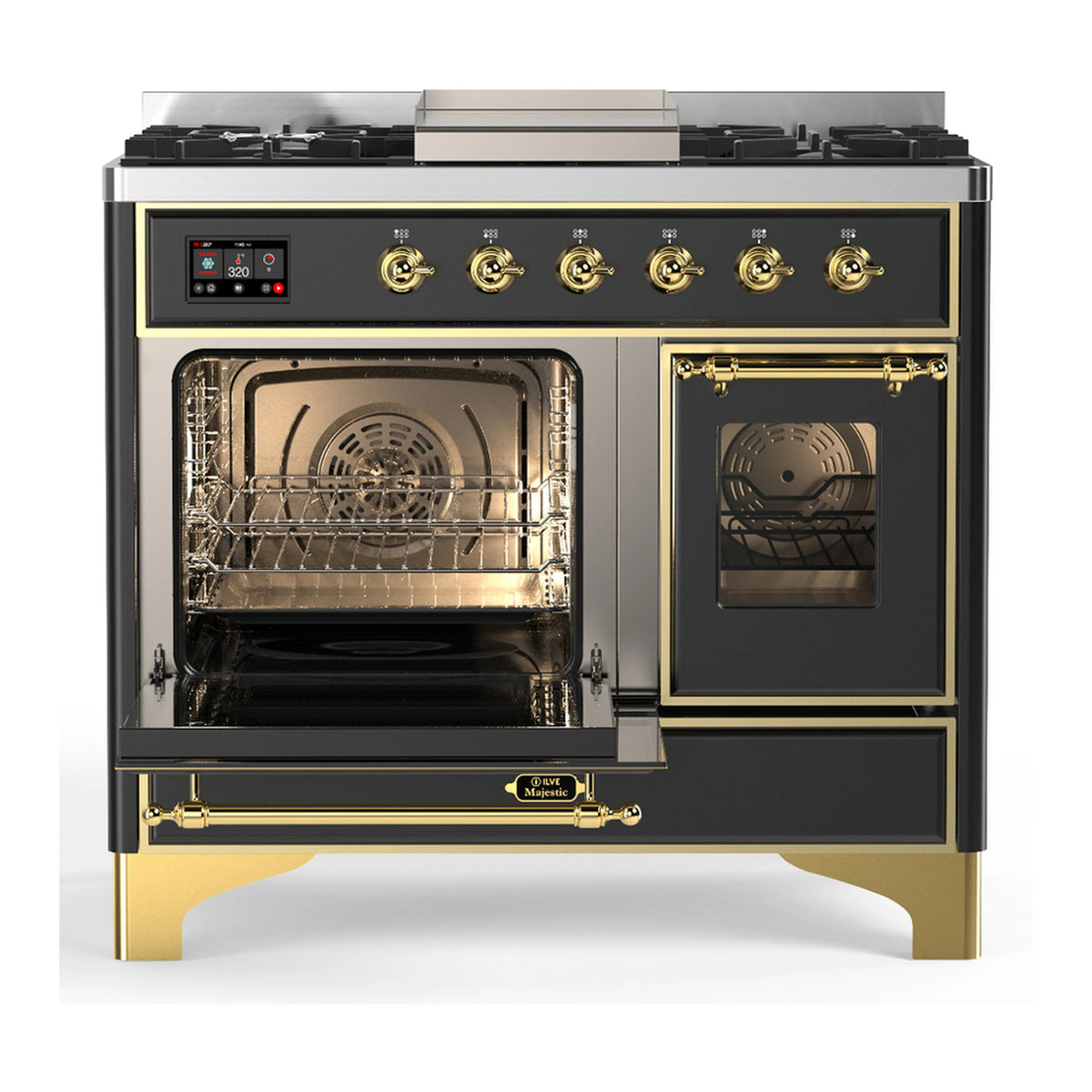 Dual fuel range with oven interiors visible through glass doors and brass-trim oven frame