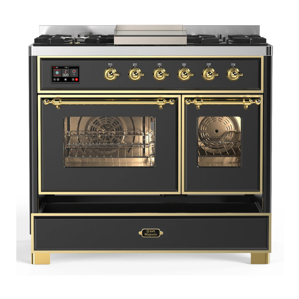 Dual fuel range front view with control panel, brass trim, and open storage drawer