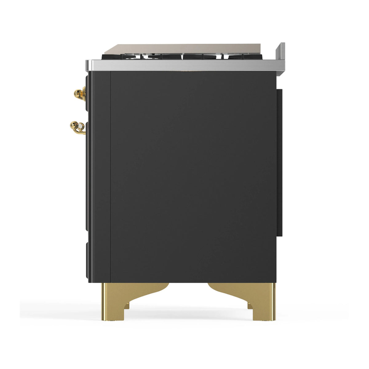 Graphite matte range side panel with brass trim feet and rear burner area