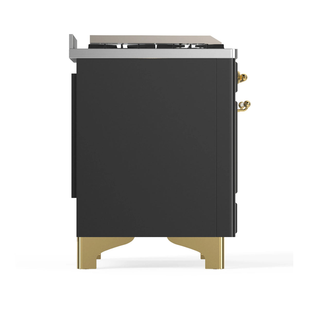 Graphite matte range side panel with brass-trim corner hardware and base feet