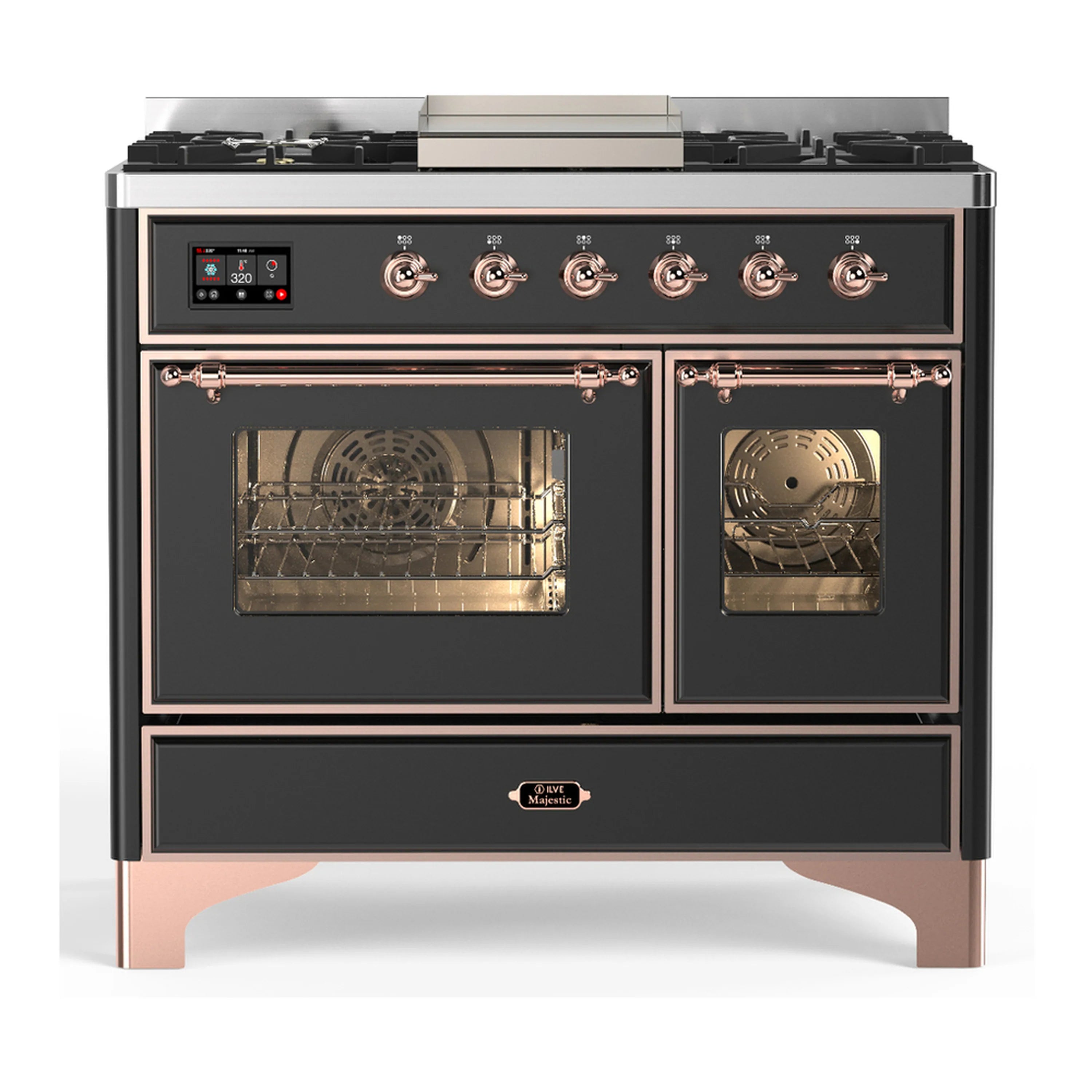 Graphite matte dual fuel range with main and secondary ovens open; copper-trim handles