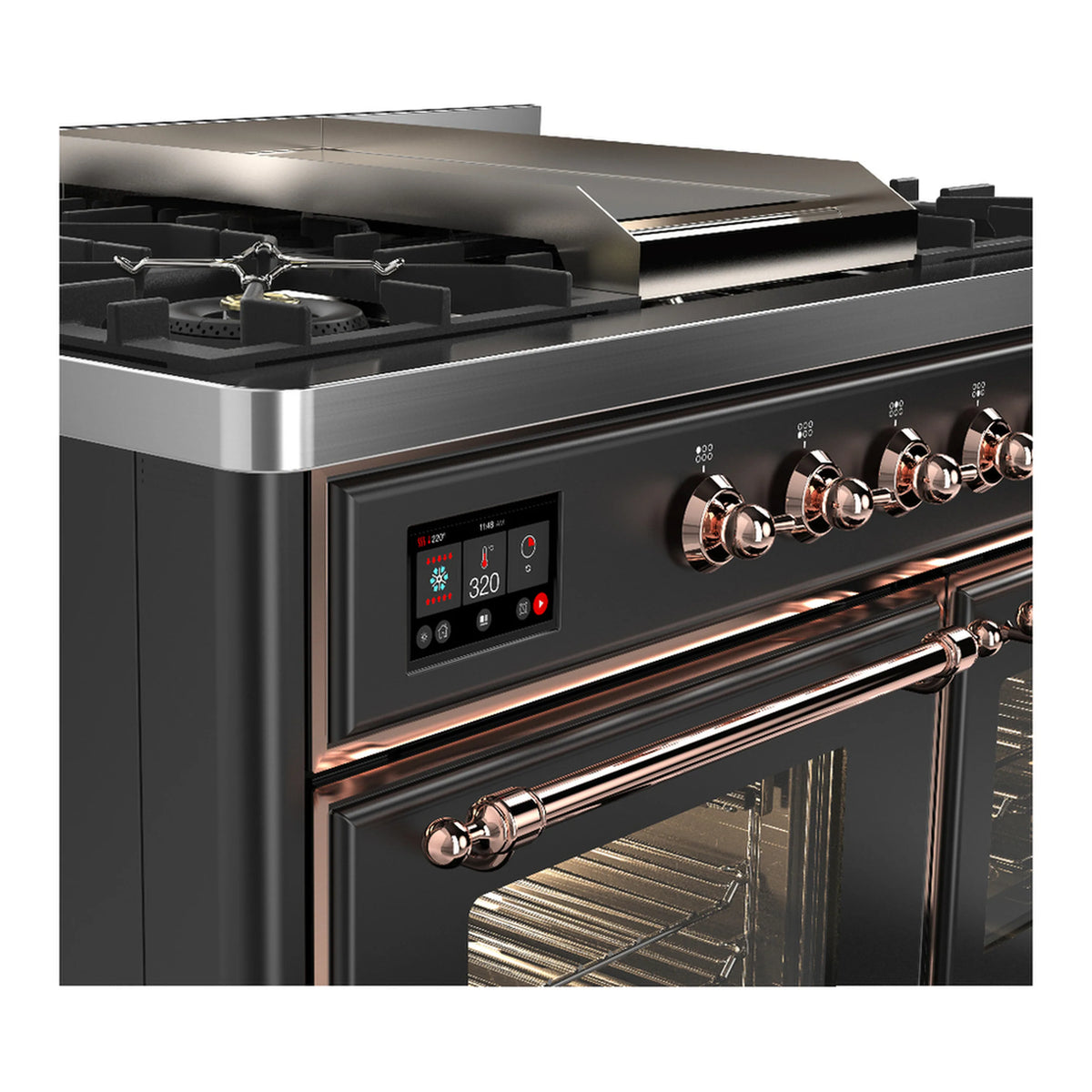 Graphite matte dual fuel range with six gas burners, copper knobs and control panel