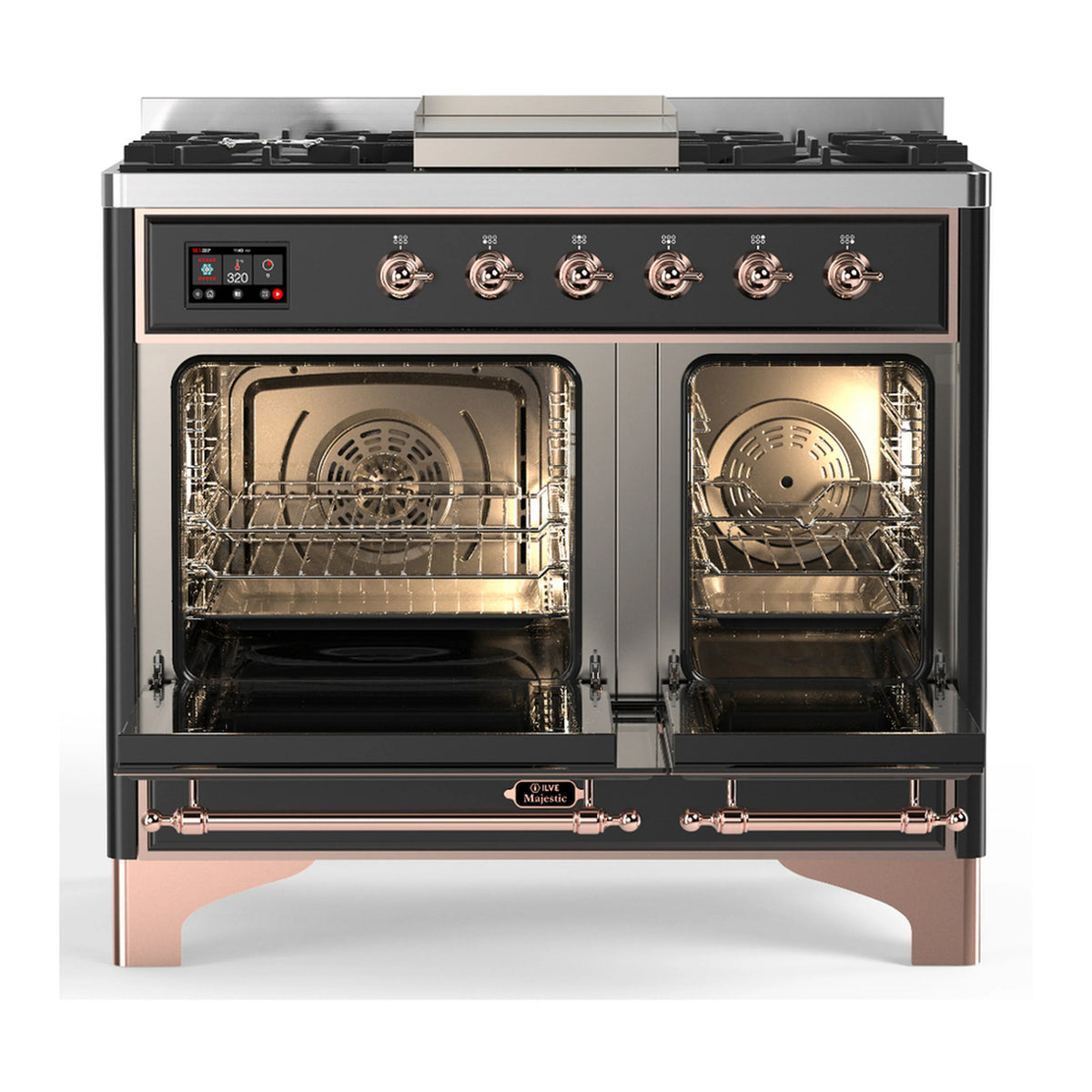 Graphite matte dual fuel range with two oven doors open, showing racks; copper trim