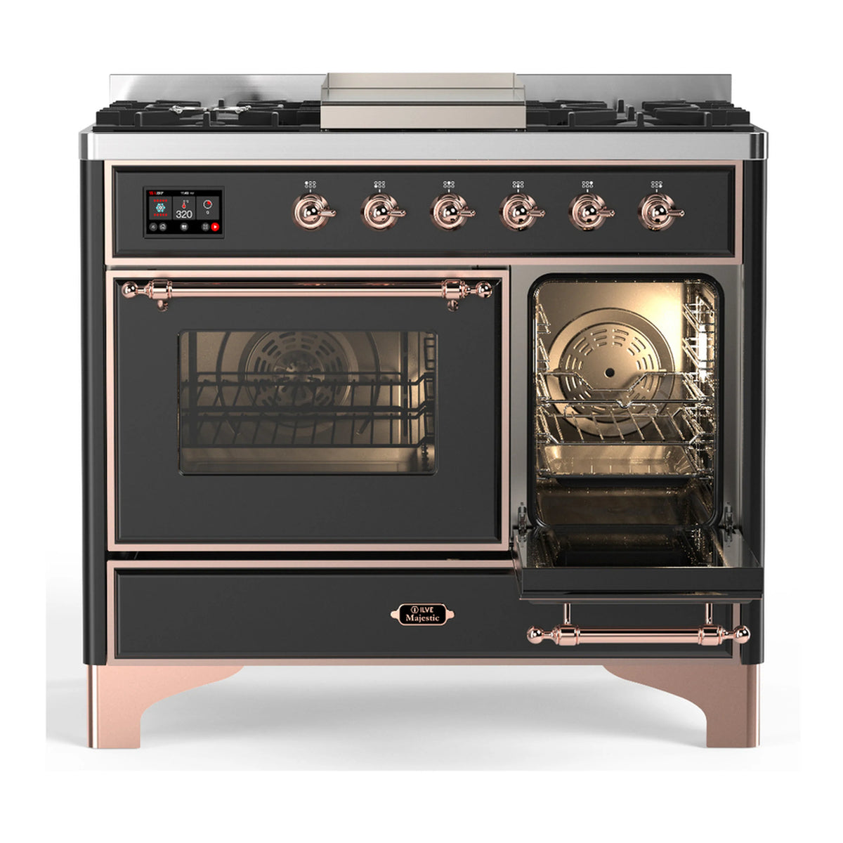 Graphite matte dual fuel range with oven doors and racks visible; copper bar handles