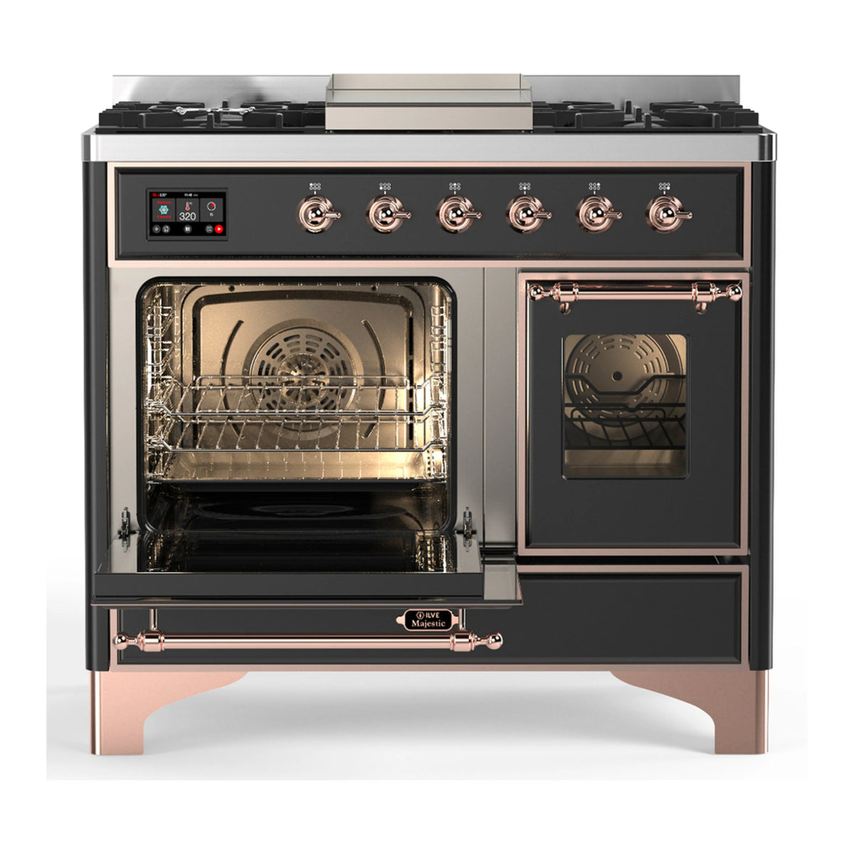 Graphite matte dual fuel range with triple glass oven door windows and copper trim