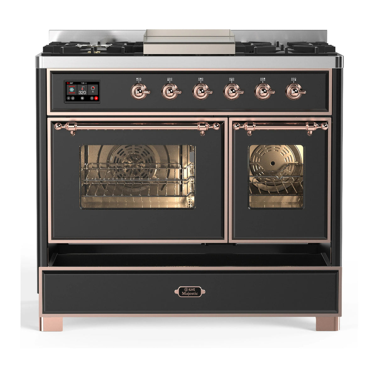 Graphite matte dual fuel range with main oven door open, racks visible; copper trim