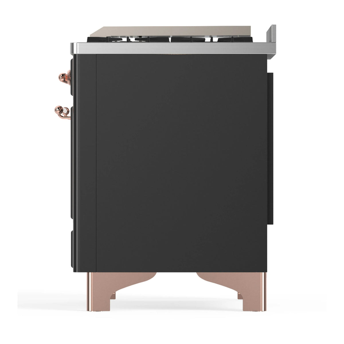 Graphite matte side/back panel of dual fuel range with copper-trim edges