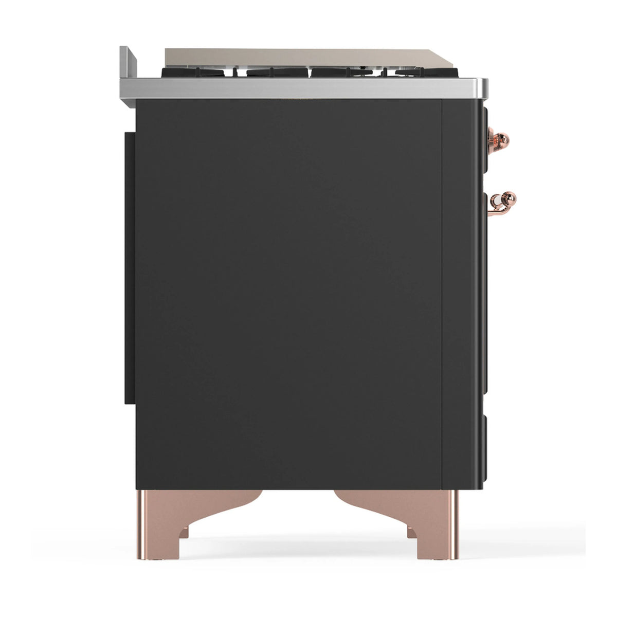 Graphite matte rear panel of dual fuel range with copper trim hardware