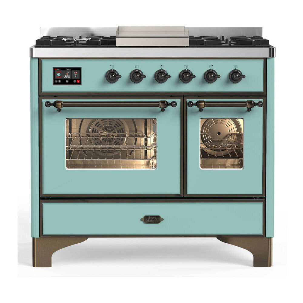 ILVE Majestic III 40-inch Dual Fuel Range with 5 Liquid Propane Burner, Griddle and Triple Glass Door Electric Oven in Mediterranean Mint with Brass Trim (UMD40FNR3MMGLP)