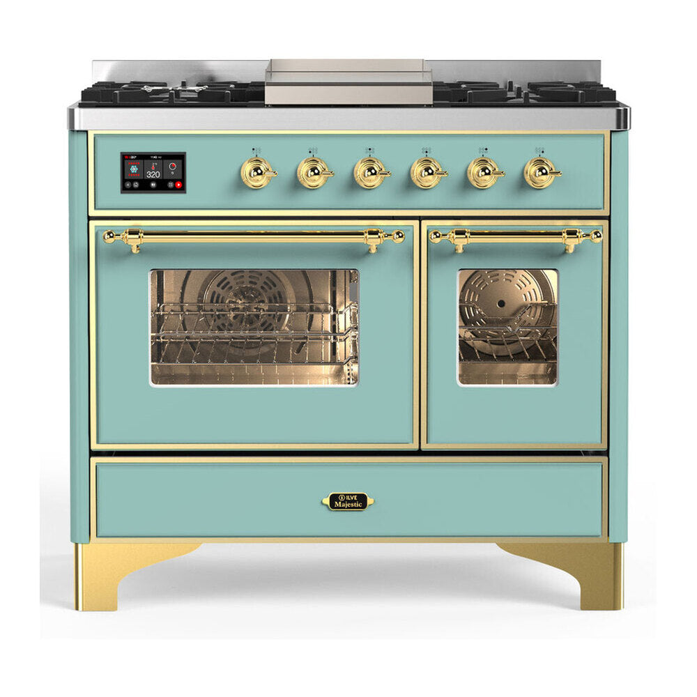 ILVE Majestic III 40-inch Dual Fuel Range with 6 Natural Gas Burner, Griddle and Triple Glass Door Electric Oven in Mediterranean Mint with Brass Trim (UMD40FNR3MMG)