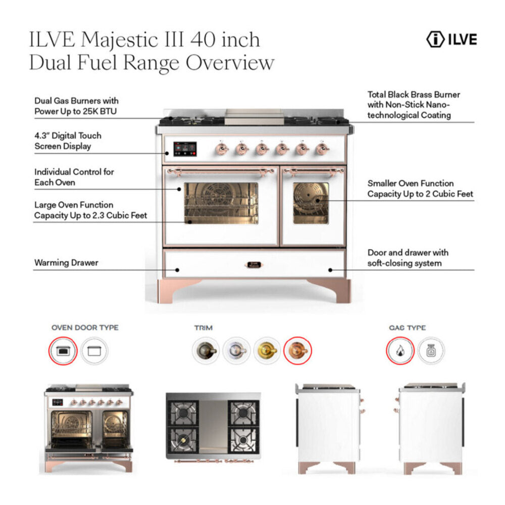 ILVE Majestic III 40-inch Dual Fuel Range with 5 Liquid Propane Burner, Griddle and Triple Glass Door Electric Oven in Mediterranean Mint with Copper Trim (UMD40FNR3MMPLP)