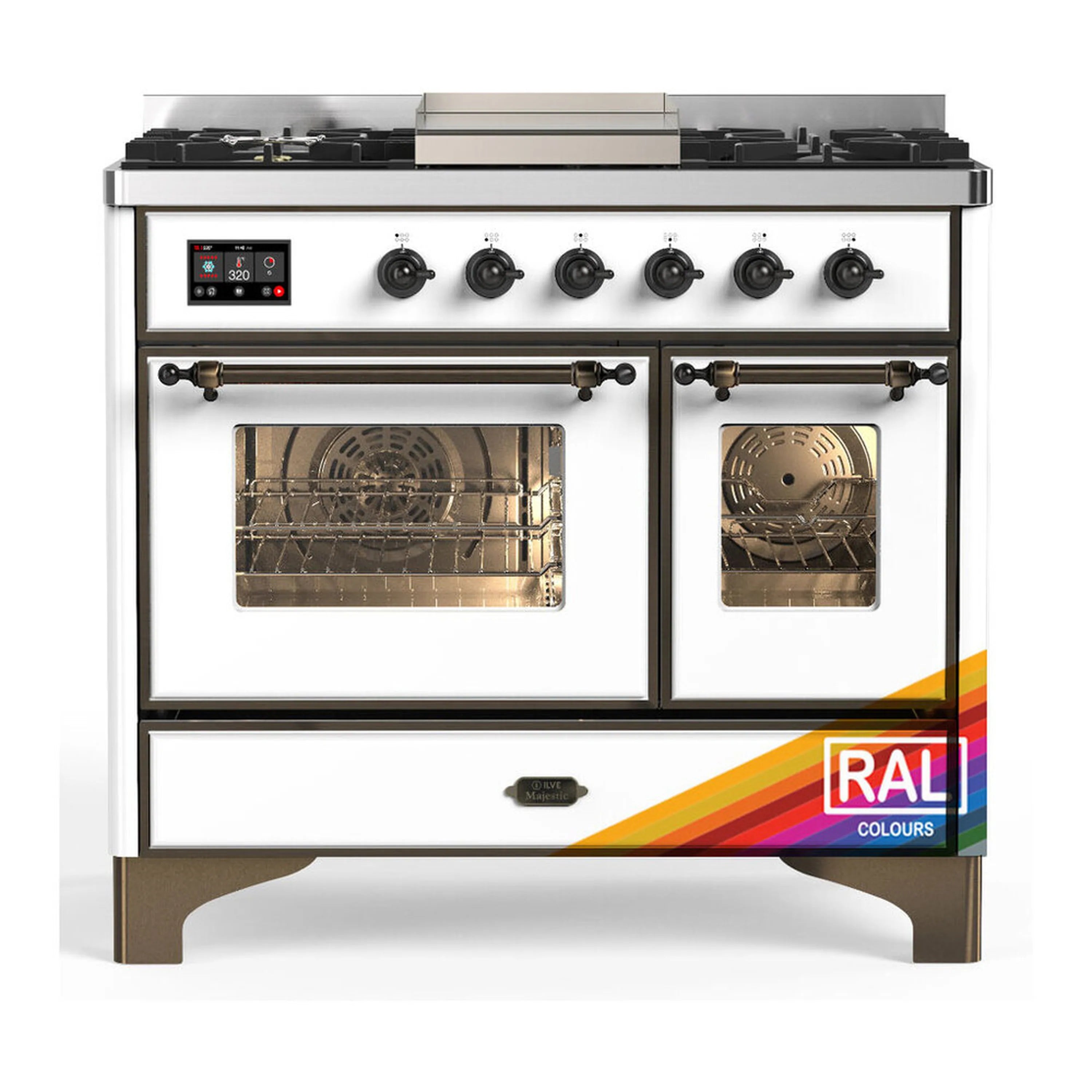 White dual fuel range with six burners, griddle, and two electric ovens; RAL color label