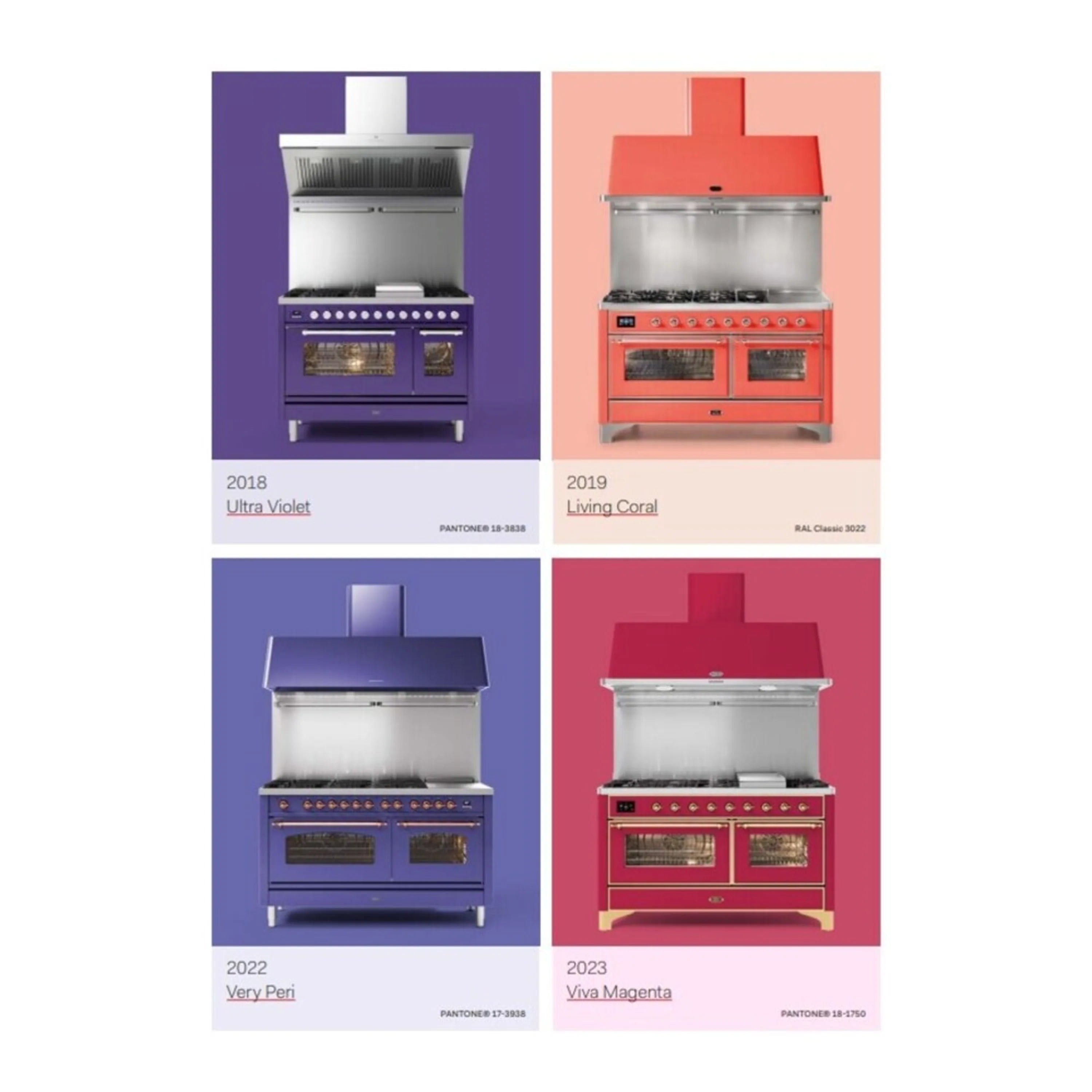 Four ILVE dual fuel range color options on a RAL palette, showing control panel and doors