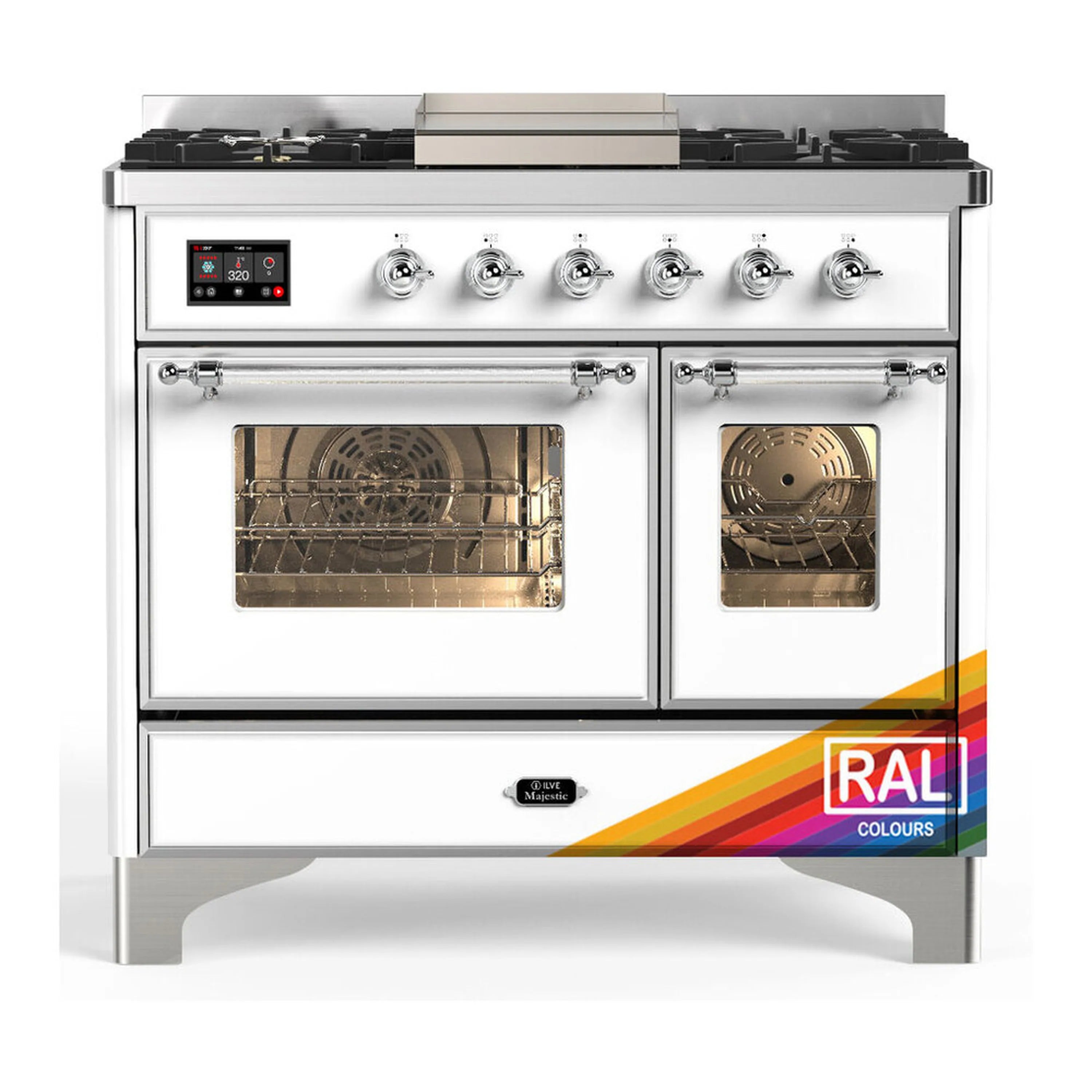 Dual fuel range with 6 gas burners, griddle, and two glass oven doors, white with chrome trim