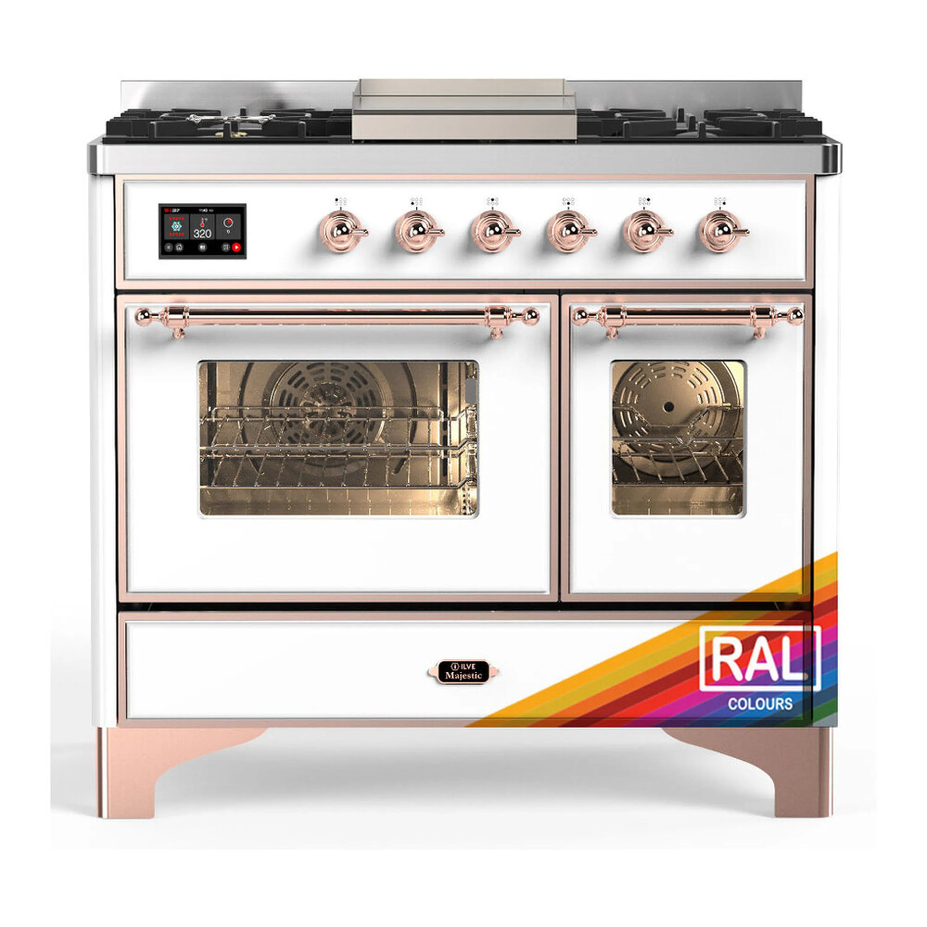 Dual fuel range, white with copper trim, six gas burners, double glass oven doors